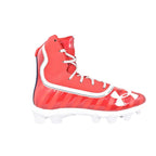 Lateral side view of UA Highlight RM Junior LE 'USA' cleats in Red, White, and Blue.