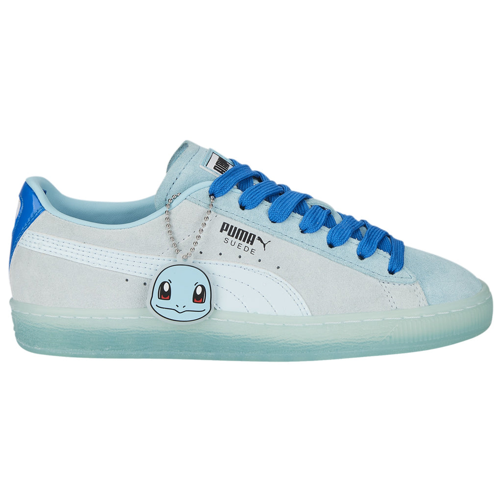 Light blue and white sneaker with blue laces on a white background