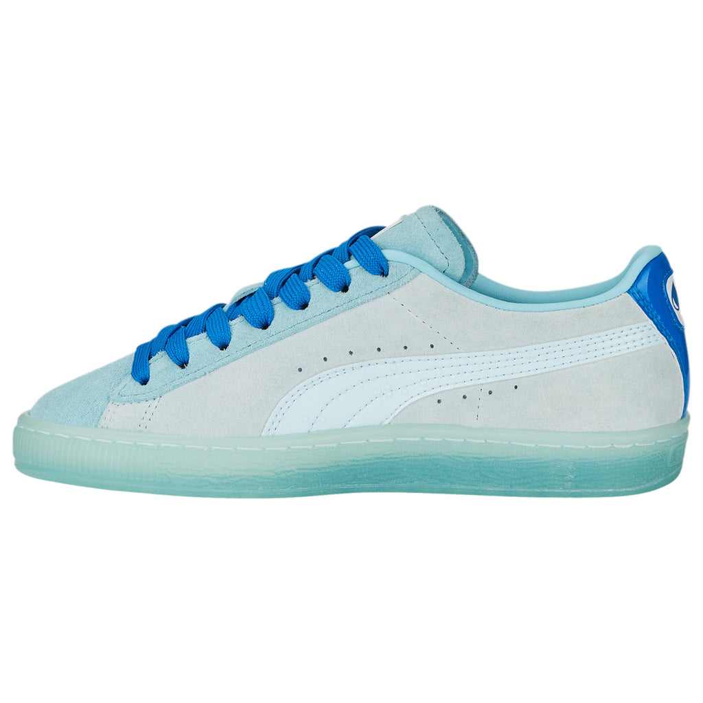 Light blue and white sneaker with blue laces on a white background