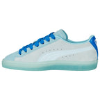 Light blue and white sneaker with blue laces on a white background