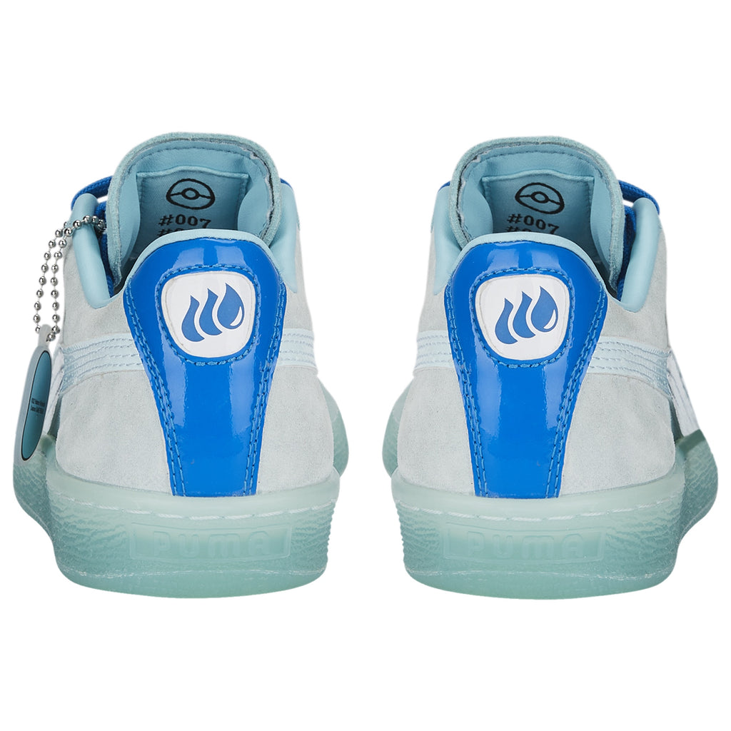 White sneakers with blue accents and a logo on the back, on a white background