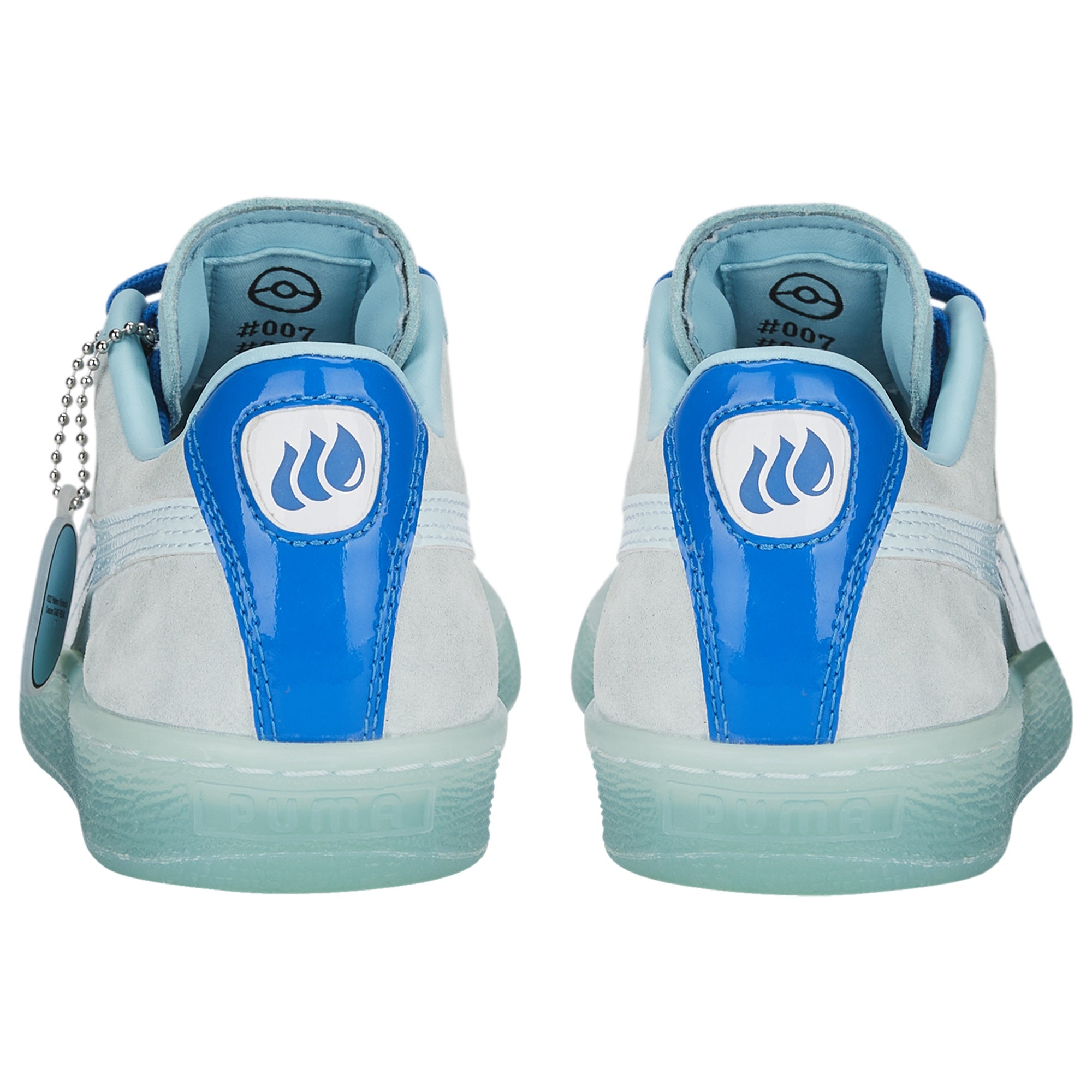 White sneakers with blue accents and a logo on the back, on a white background