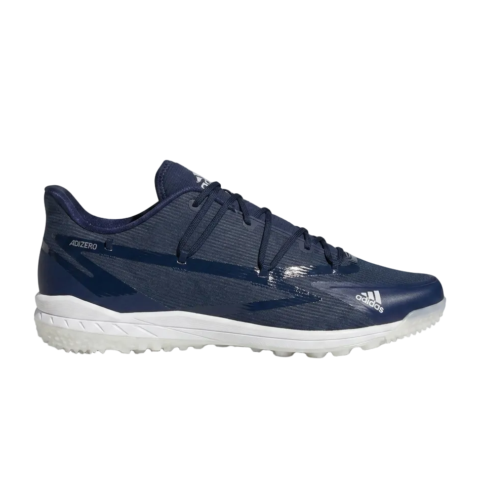 Angled front-facing view of the adidas Adizero Afterburner 8 Turf shoe highlighting the widened lacing system and reinforced toe cap for baseball training.
