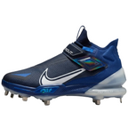 Lateral side view of Nike Force Zoom Trout 8 Elite P baseball cleat in College Navy and White, showcasing the midfoot strap and Zoom Air branding.