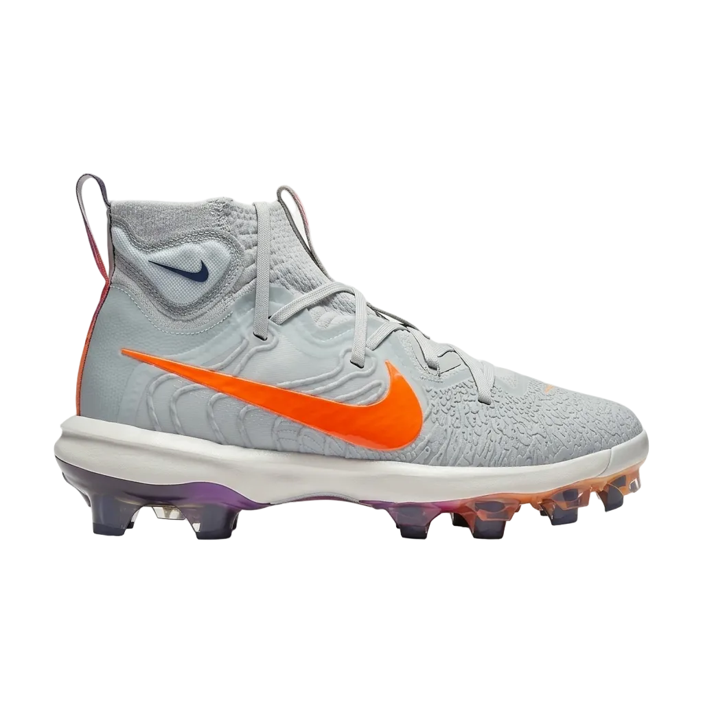 Lateral view of Nike Alpha Huarache NXT MCS HF1132-001 in Light Silver and Laser Orange.