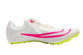 Side  view of Nike Zoom Ja Fly 4 sprinting spike (DR2741-100) featuring white woven uppers, pink swoosh logo, and asymmetrical lacing system with extra lime green spikes visible in the heel.