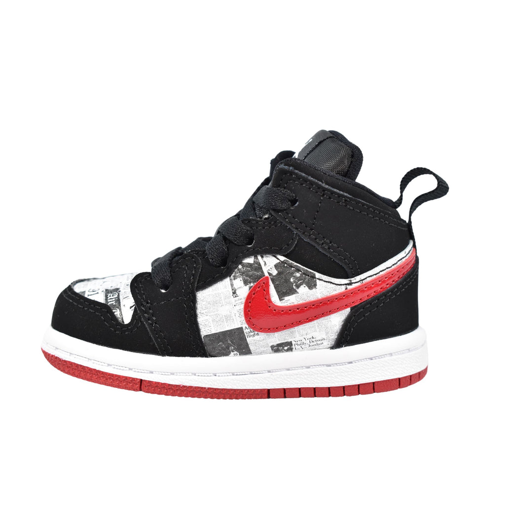 Three-quarter beauty shot of the toddler Jordan 1 Mid SE 'Newspaper Air Times.'
