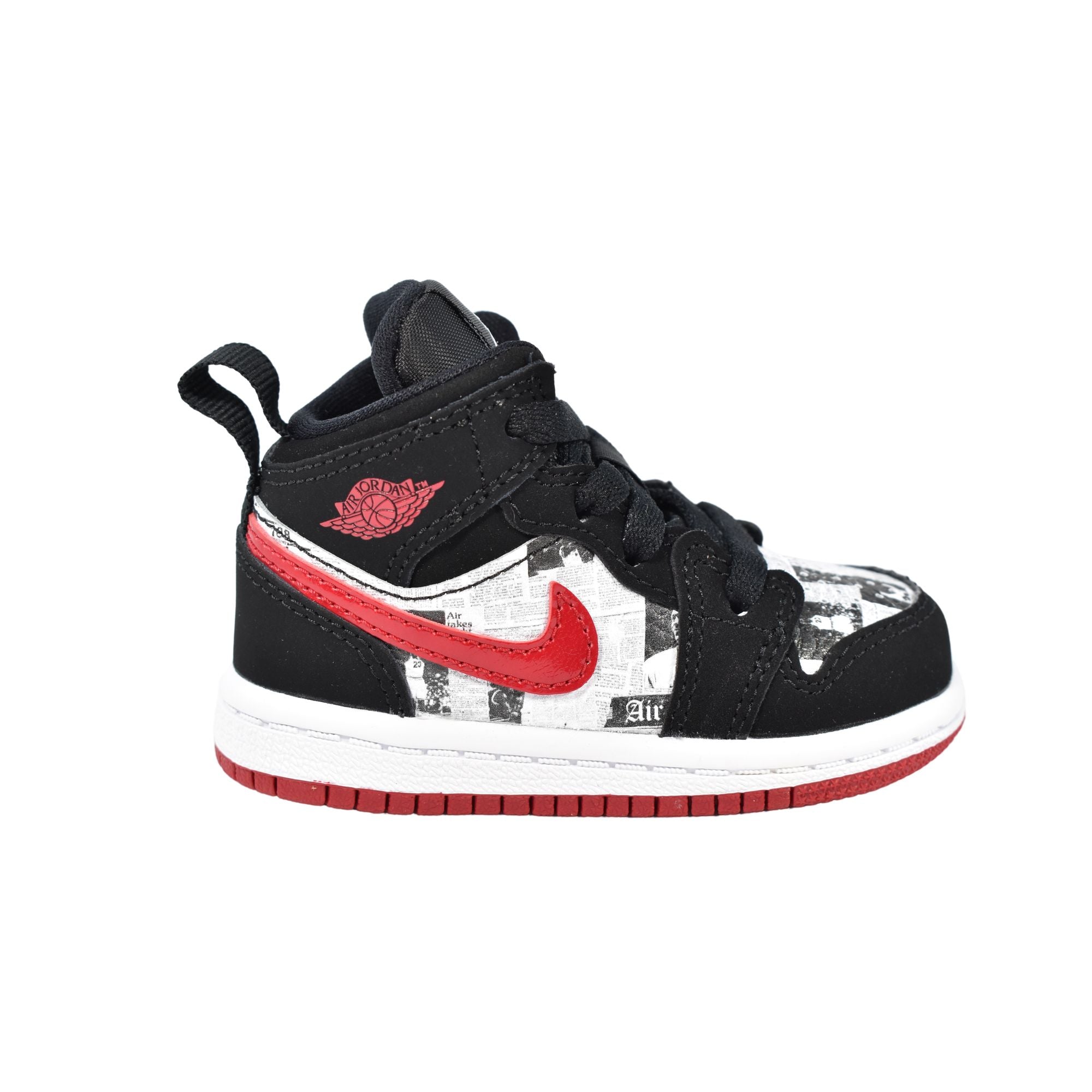 View of the red rubber outsole for the Jordan 1 Mid SE TD 'Newspaper' sneaker.
