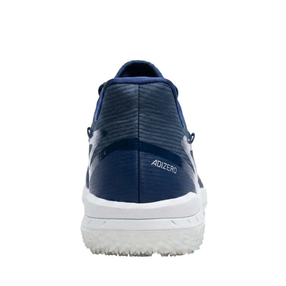 Back heel view of the adidas Adizero Afterburner 8 Turf H00967 featuring the "ADIZERO" branding and structured heel support for stability during lateral movements.