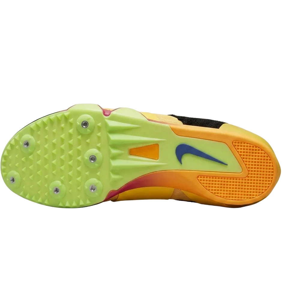 Three-quarter bottom and side view of the Nike Pole Vault Elite in Citron Pulse orange, showing the upper strap design and the specialized track spike plate layout.