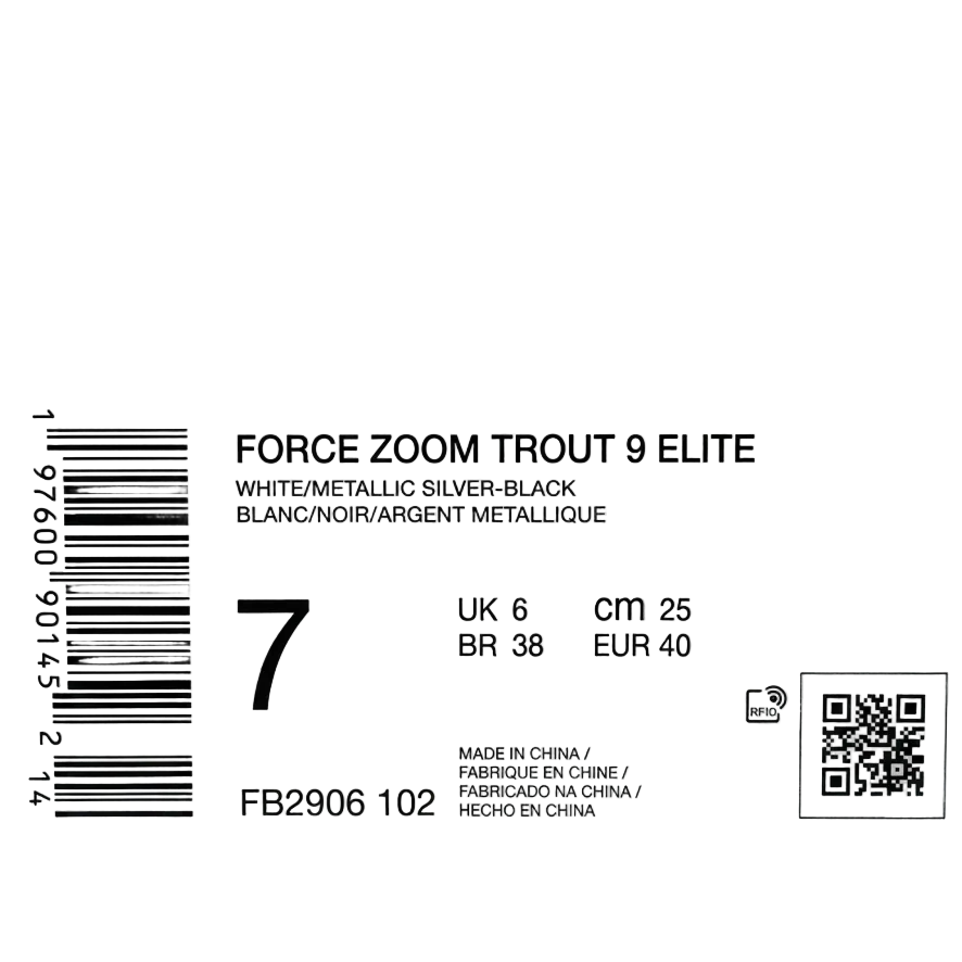 Nike Force Zoom Trout 9 Elite Product Box Label - White/Metallic Silver-Black - FB2906-102