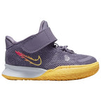 Purple and yellow sneaker with a visible brand logo on a white background