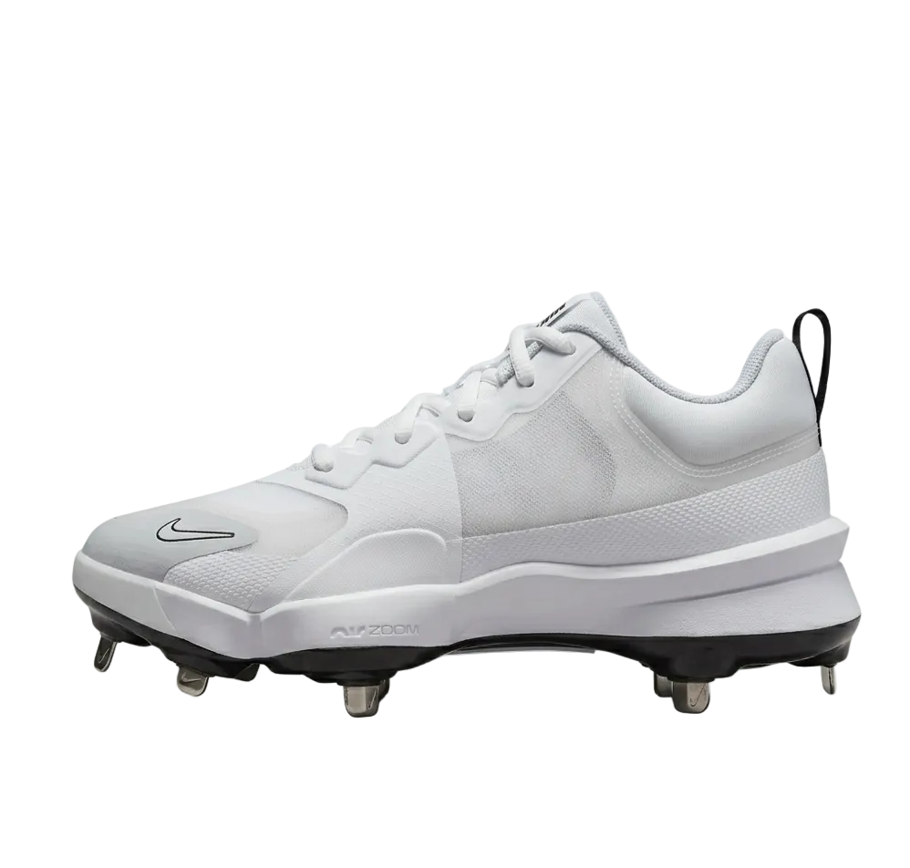 Dynamic hero shot of the all-white Nike Force Zoom Trout 9 Pro baseball cleats.
