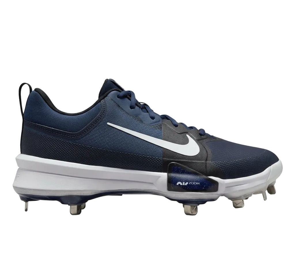 Lateral side view of Nike Force Zoom Trout 9 Pro cleats in Game Royal and White.