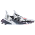 White athletic shoe with black and gray accents on a white background