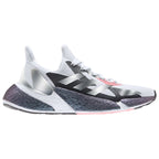 White athletic shoe with black and gray accents on a white background