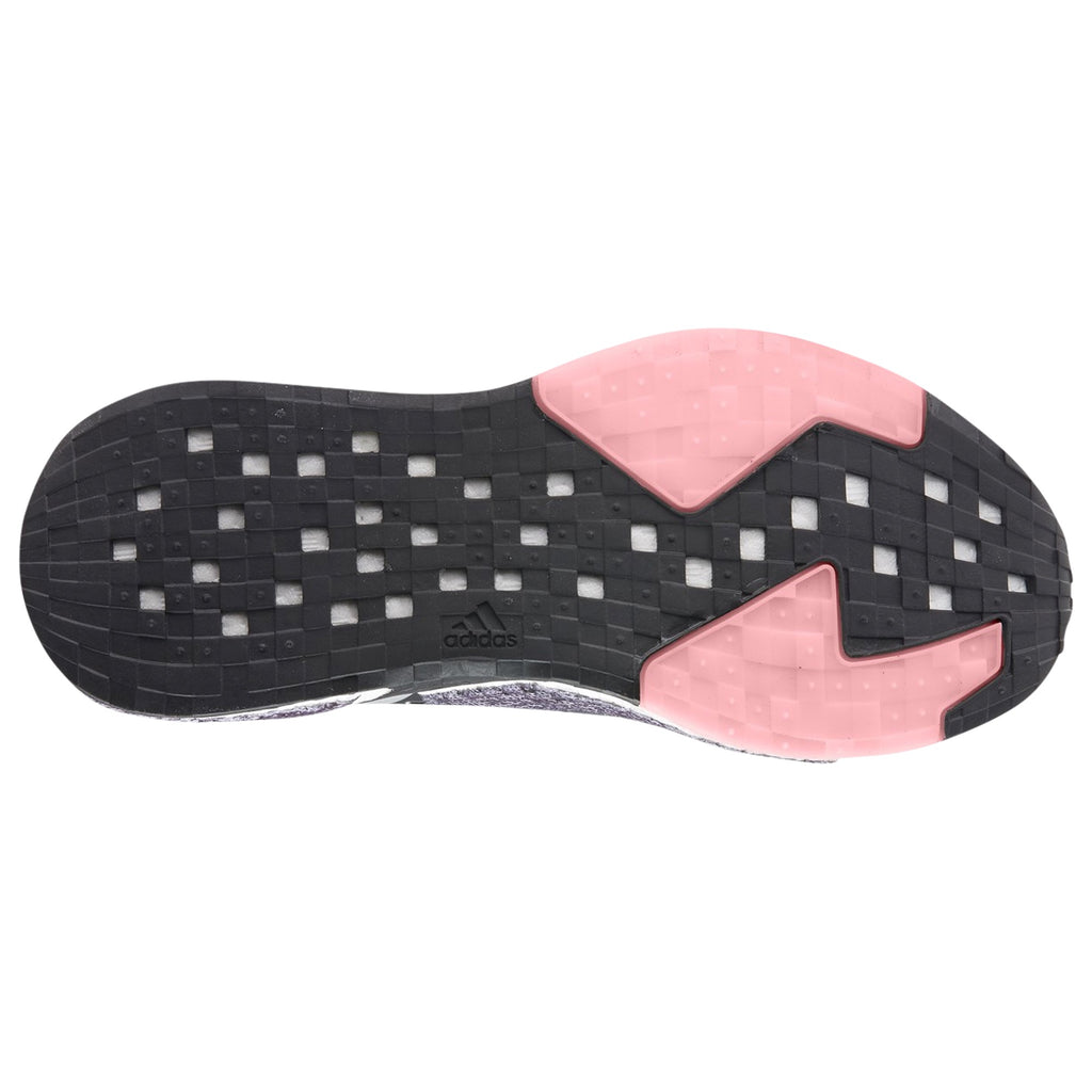 Sole of a black and pink athletic shoe with Adidas logo on a white background