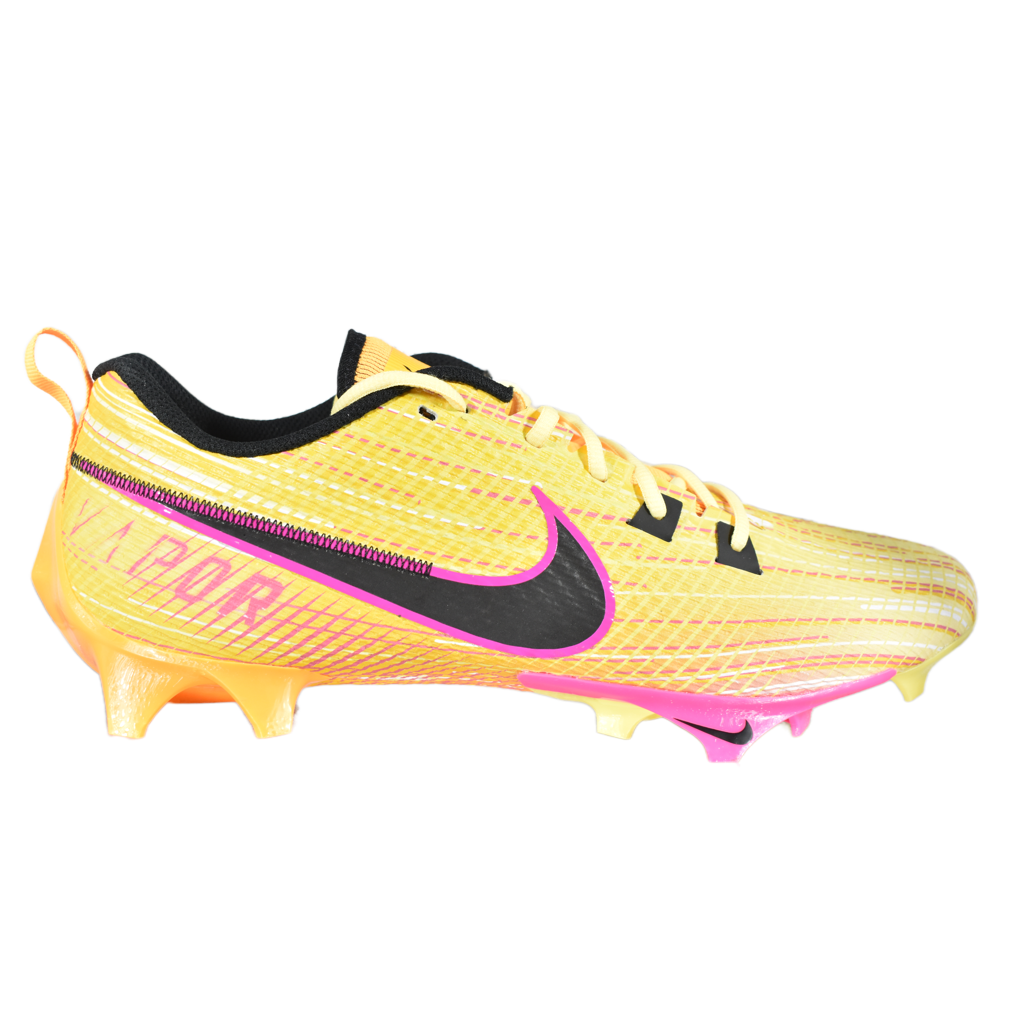 Yellow soccer cleat with black and pink accents on a white background FZ6209-800