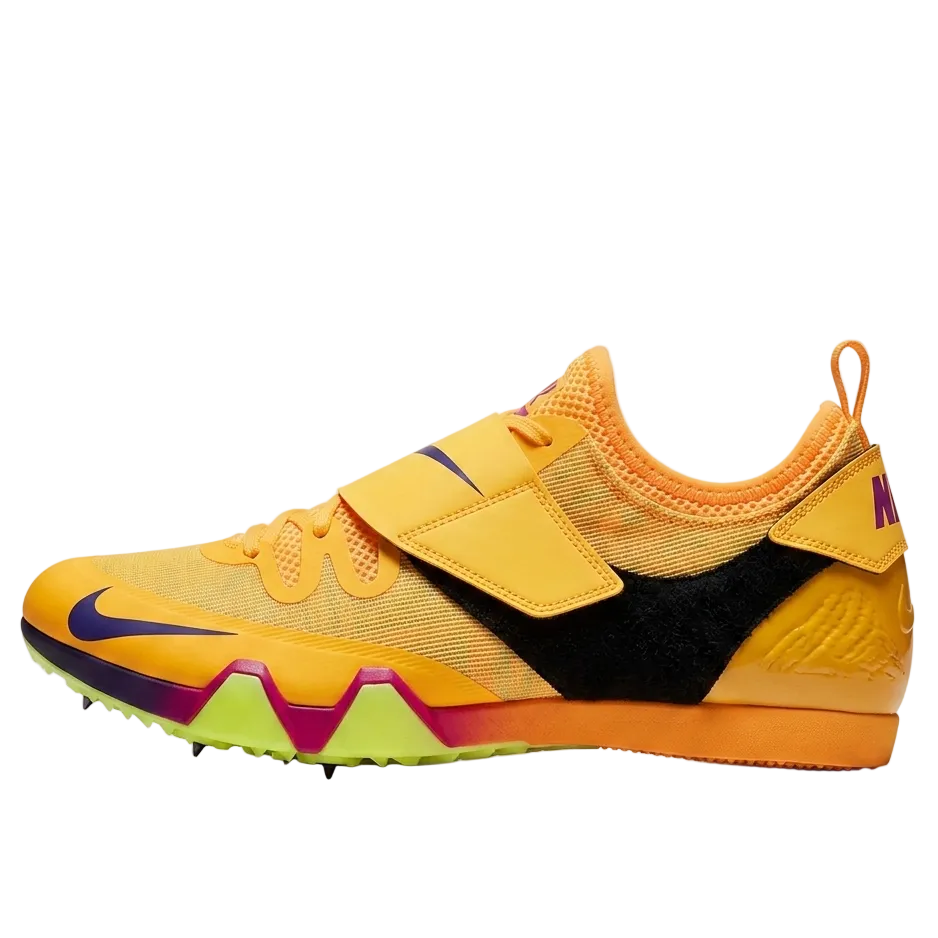 Nike Zoom Superfly Elite 2 Track Spike Angled Top View - Volt Yellow with Purple Nike Swoosh