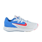 White running shoe with blue and red accents on a white background