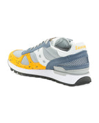Back Picture of Saucony Shadow S70518 Sneaker with yellow and blue design on a white background