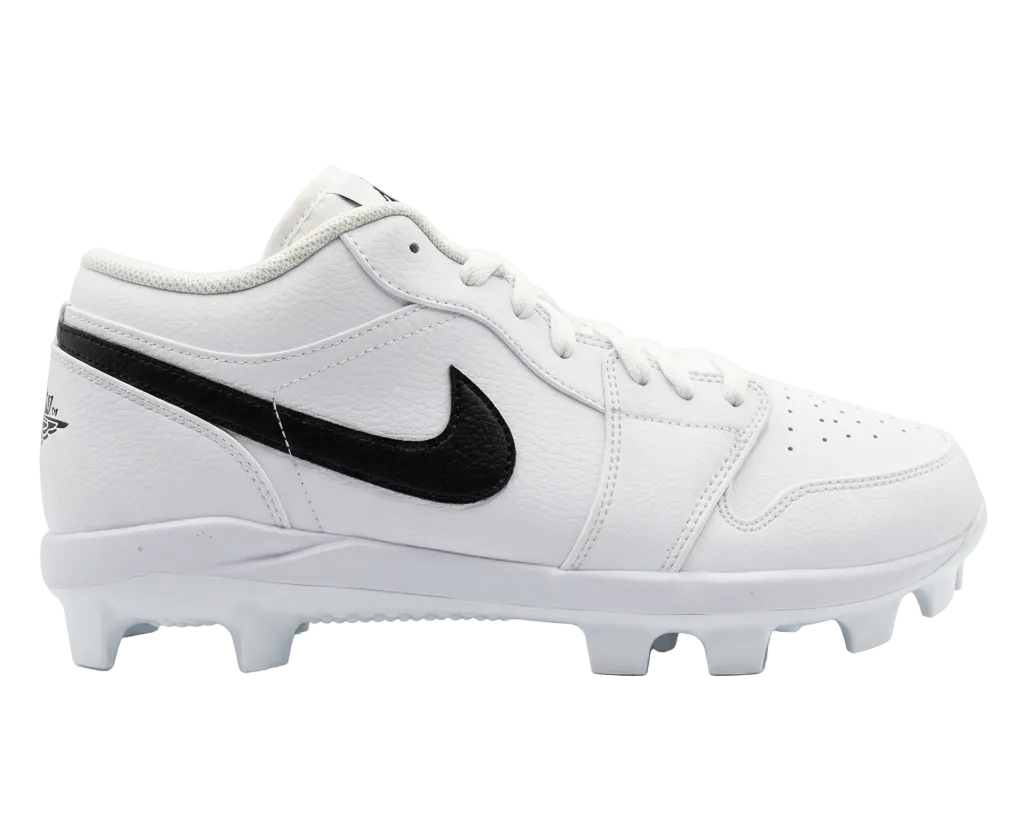 Side profile of Jordan 1 Retro MCS Low baseball cleats in White and Black CJ8524-101