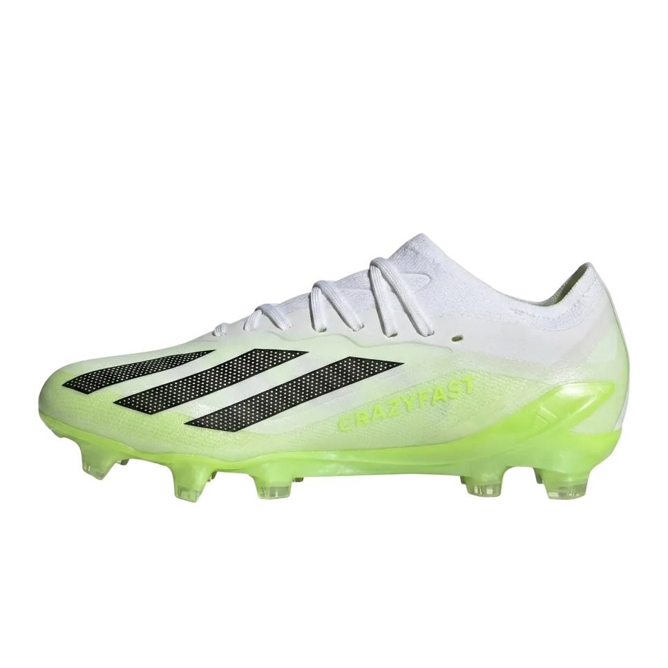 Side profile of adidas X Crazyfast.1 FG cleats in White and Lucid Lemon HQ4516 showing the translucent Aeropacity Speedskin.