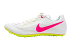 Alt Side  view of Nike Zoom Ja Fly 4 sprinting spike (DR2741-100) featuring white woven uppers, pink swoosh logo, and asymmetrical lacing system with extra lime green spikes visible in the heel.