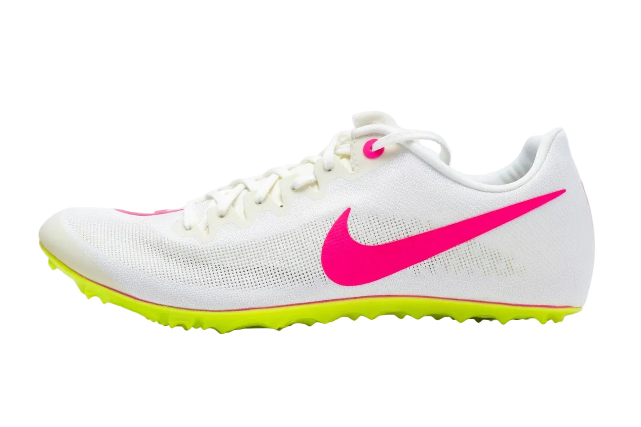Alt Side  view of Nike Zoom Ja Fly 4 sprinting spike (DR2741-100) featuring white woven uppers, pink swoosh logo, and asymmetrical lacing system with extra lime green spikes visible in the heel.