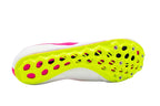 Bottom  view of Nike Zoom Ja Fly 4 sprinting spike (DR2741-100) featuring white woven uppers, pink swoosh logo, and asymmetrical lacing system with extra lime green spikes visible in the heel.