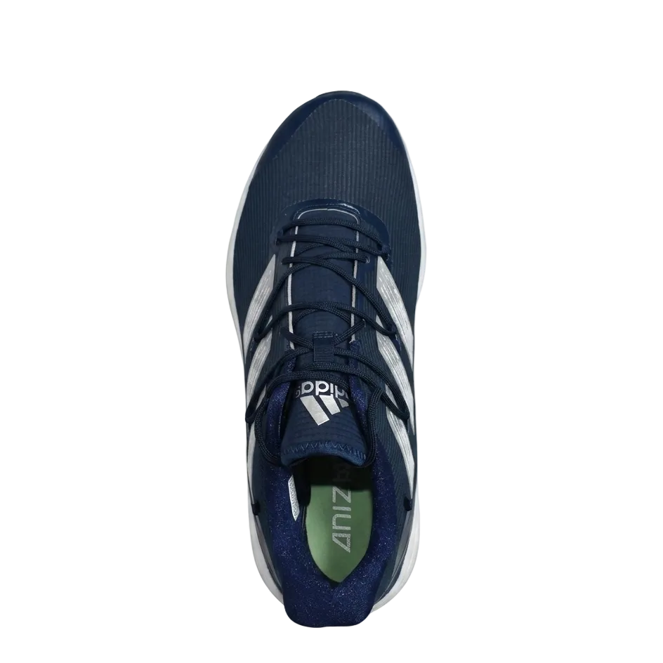 Top-down view of the adidas Adizero Afterburner 8 Turf baseball shoes showcasing the tongue branding, interior lining, and secure lace-up closure.