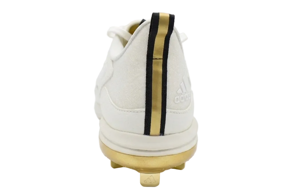 Rear heel perspective of Adidas Women's Adizero PureHustle 3 Elite showing the metallic gold and black pull tab detail