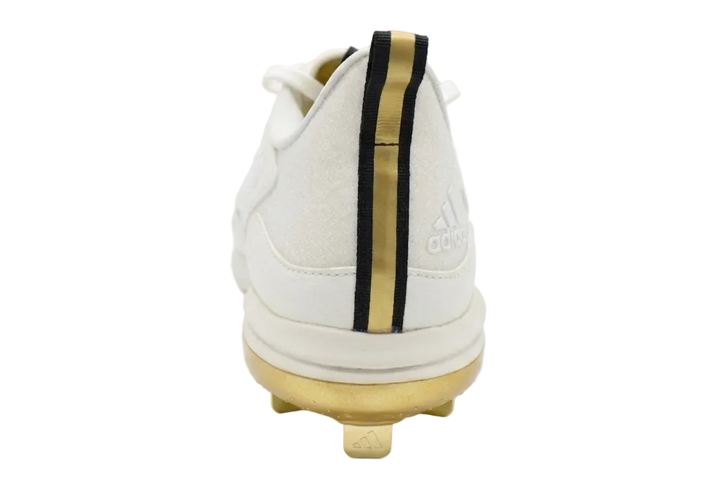 Rear heel perspective of Adidas Women's Adizero PureHustle 3 Elite showing the metallic gold and black pull tab detail