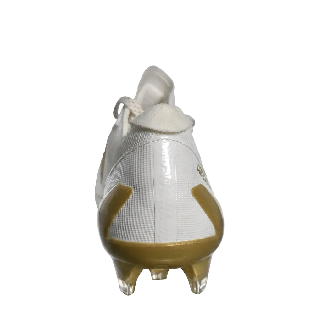 Rear heel view of Adidas Adizero Electric in White Gold Metallic highlighting heel support structure.