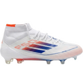 adidas Wmns Adizero F50 Elite Mid FG soccer cleats from the Advancement Pack, style code ID9203, showing the full lateral profile view in White and Lucid Blue.