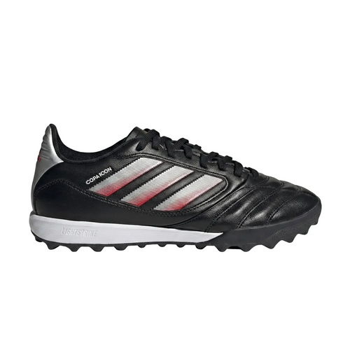 Right lateral side view of the adidas Copa Icon 2 Pro Turf soccer shoes (style code JQ8616) in black and white.