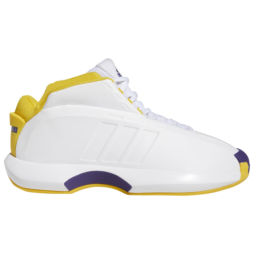 Adidas Crazy 1 Lakers Home 2022 retro basketball shoes in white, purple, and gold, style code GY8947, front three-quarter view.