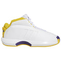 Adidas Crazy 1 Lakers Home 2022 retro basketball shoes in white, purple, and gold, style code GY8947, front three-quarter view.