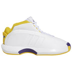 Adidas Crazy 1 Lakers Home 2022 retro basketball shoes in white, purple, and gold, style code GY8947, front three-quarter view.