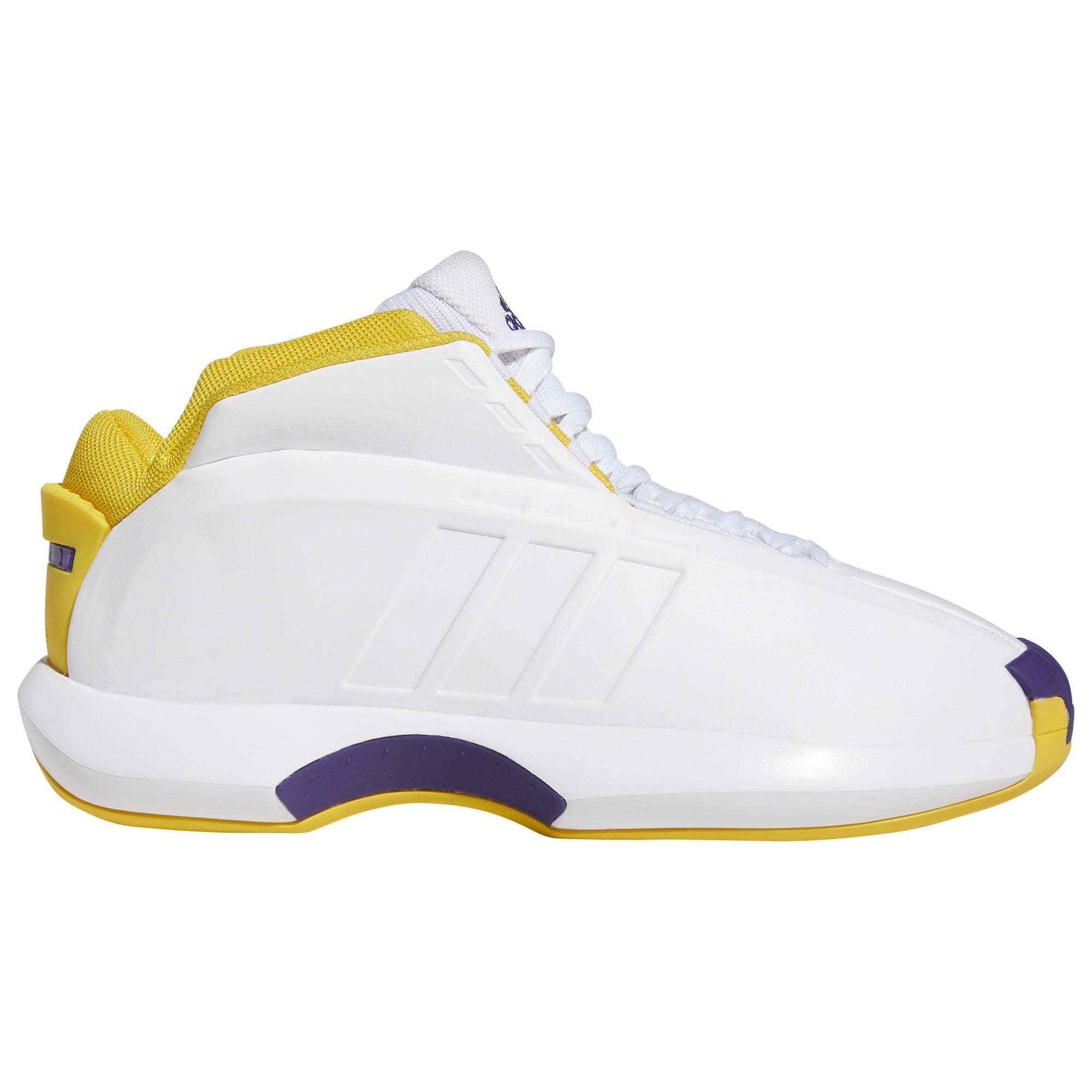 Adidas Crazy 1 Lakers Home 2022 retro basketball shoes in white, purple, and gold, style code GY8947, front three-quarter view.