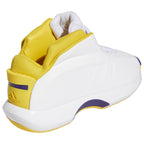 Rear heel view of Adidas Crazy 1 Lakers Home sneakers highlighting the structured spoiler-style heel counter and collar padding, GY8947.