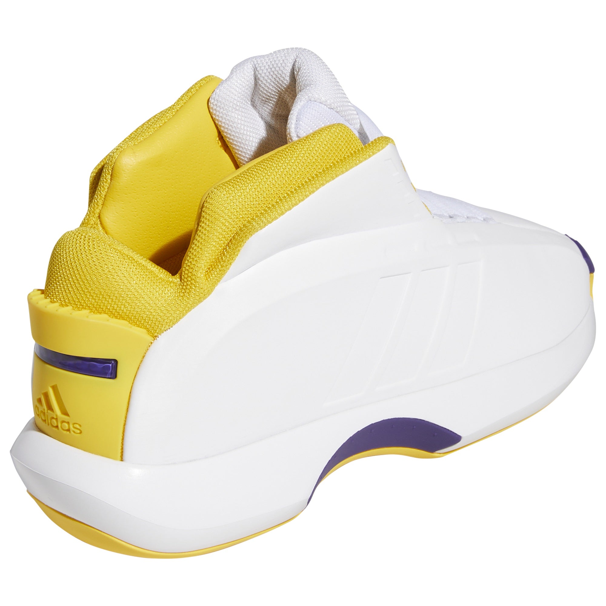 Rear heel view of Adidas Crazy 1 Lakers Home sneakers highlighting the structured spoiler-style heel counter and collar padding, GY8947.