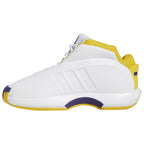 Side profile view of Adidas Crazy 1 Lakers Home sneakers showcasing the iconic molded matte upper and clean aerodynamic lines, GY8947.