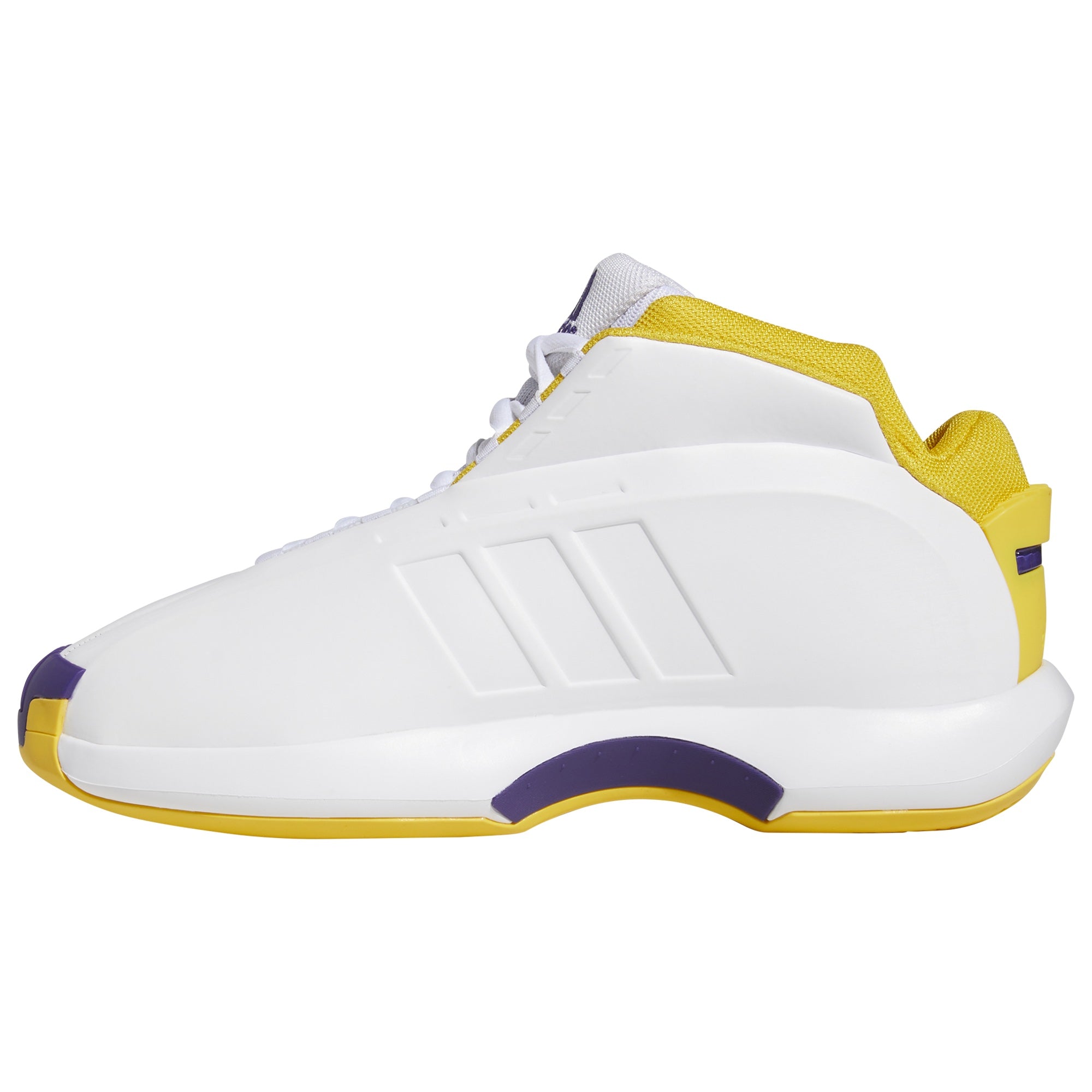 Side profile view of Adidas Crazy 1 Lakers Home sneakers showcasing the iconic molded matte upper and clean aerodynamic lines, GY8947.