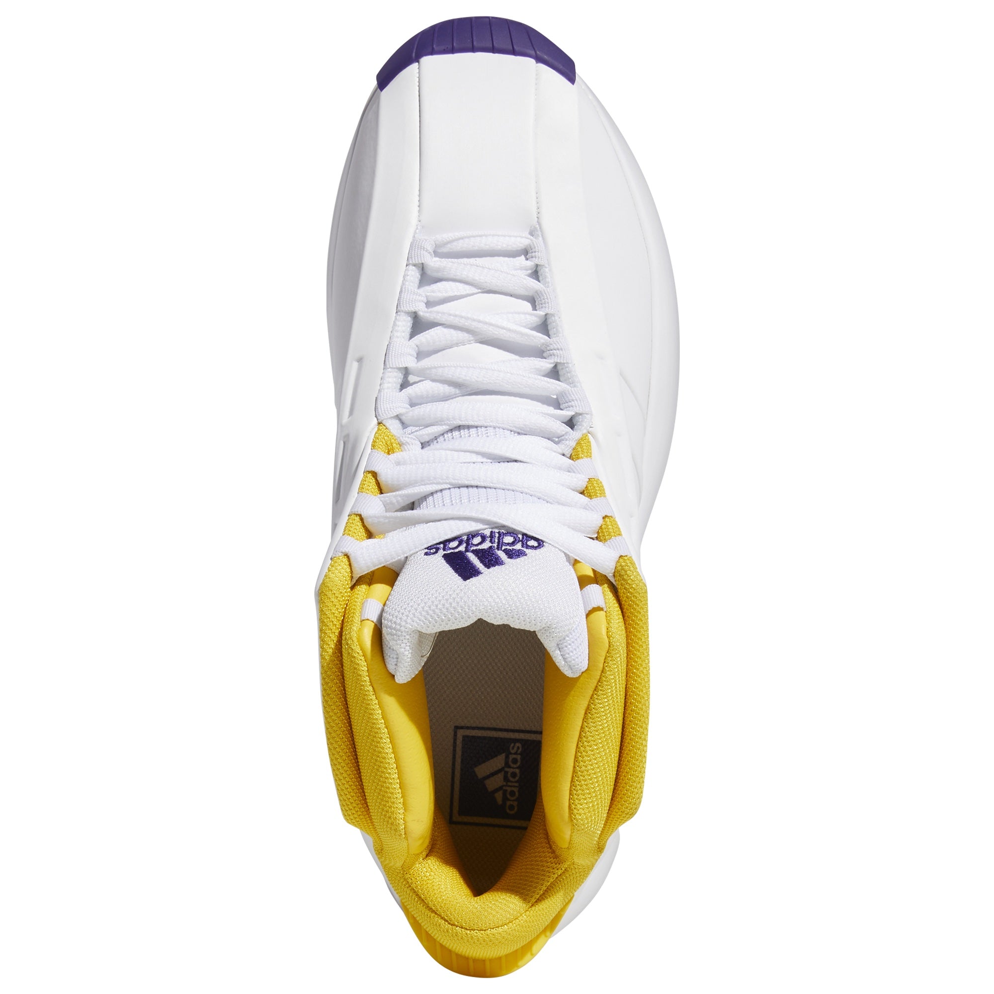 top side view of the Adidas Crazy 1 mid-top basketball shoes featuring purple and gold accents, GY8947.