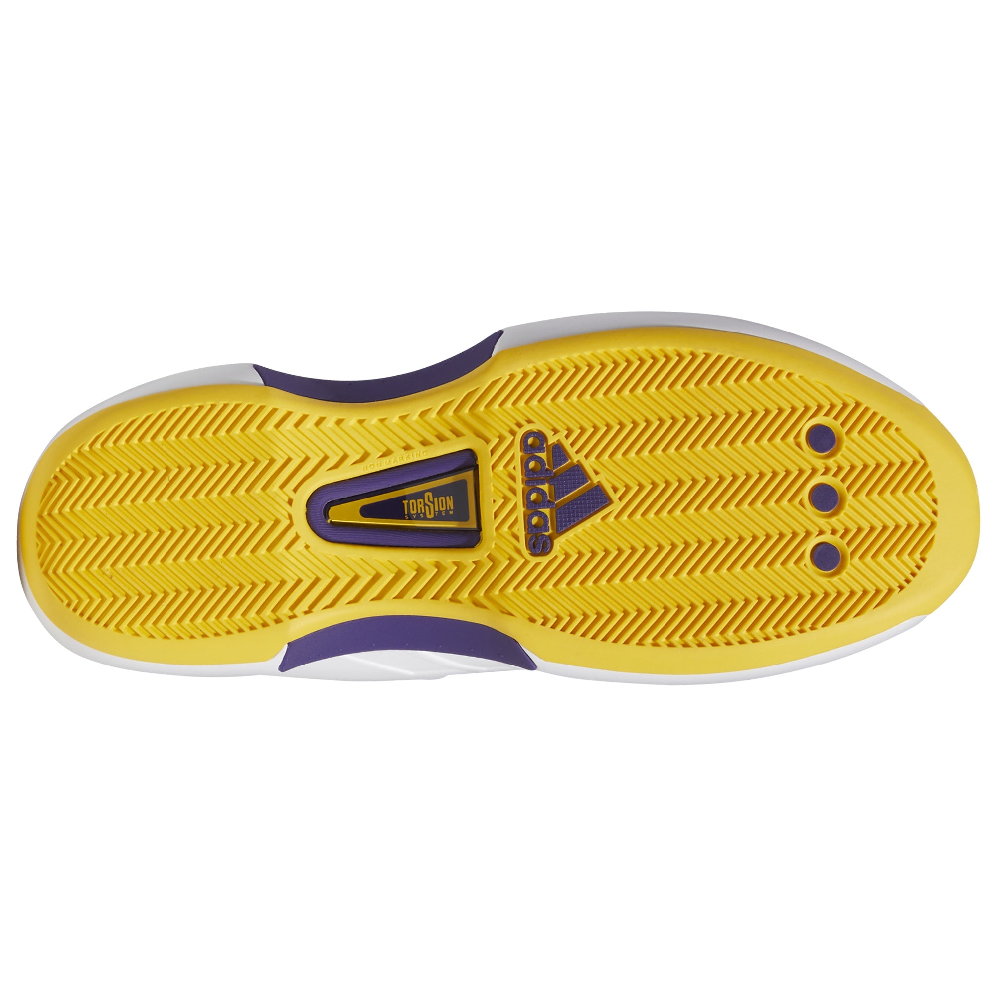 Bottom view of Adidas Crazy 1 shoes showcasing the herringbone traction pattern and Torsion system stability plate, GY8947.