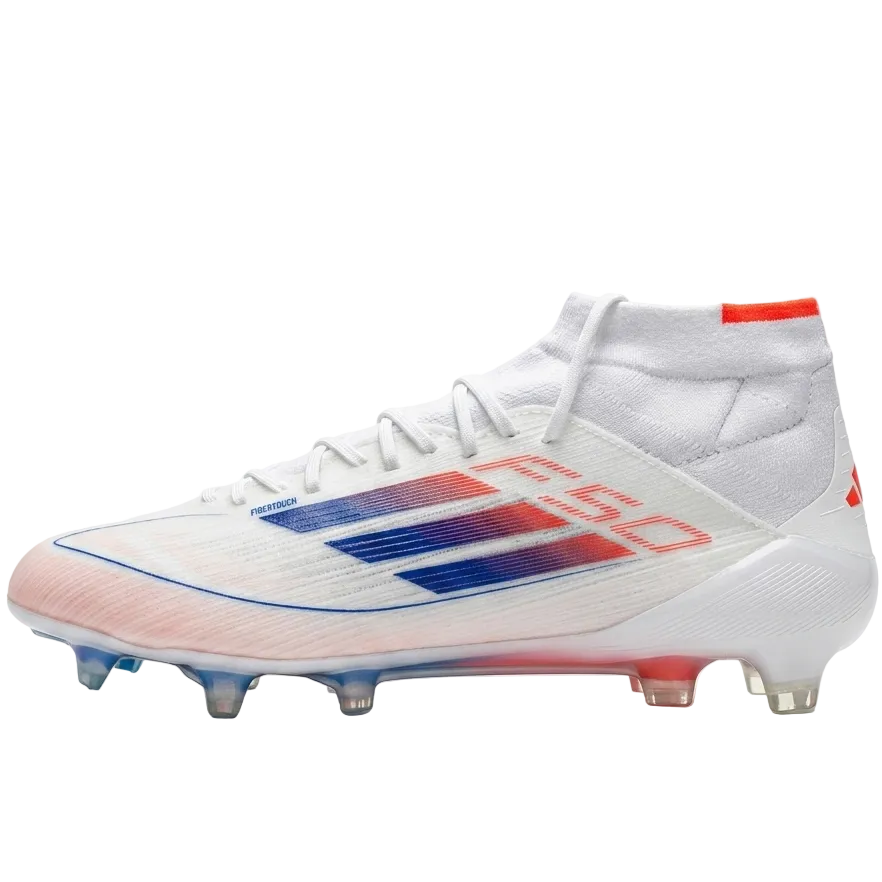 Close-up shot of the white Fibertouch upper and Sprintweb 3D texture on the adidas Women's Adizero F50 Elite mid-cut soccer cleats