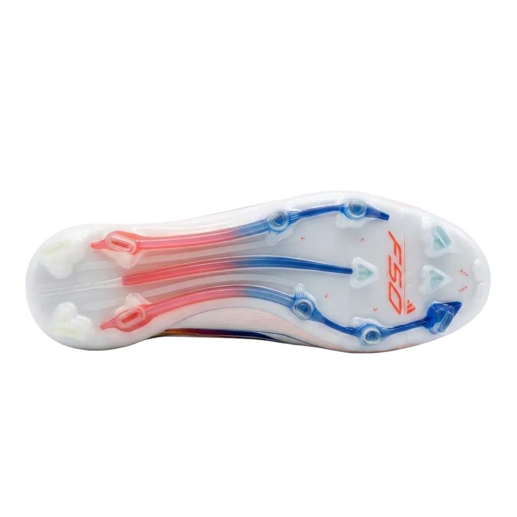 Underside traction view of the adidas F50 Elite Mid FG Sprintframe 360 sole plate and molded studs for firm ground soccer fields.