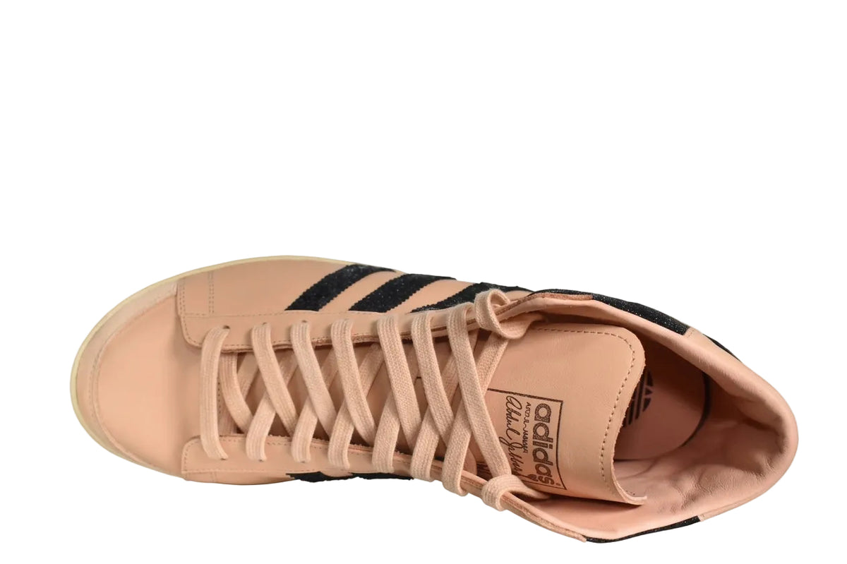 Overhead top view of Adidas Jabbar Hi Made in LA Off White JQ8584 detailing leather toe cap and laces.