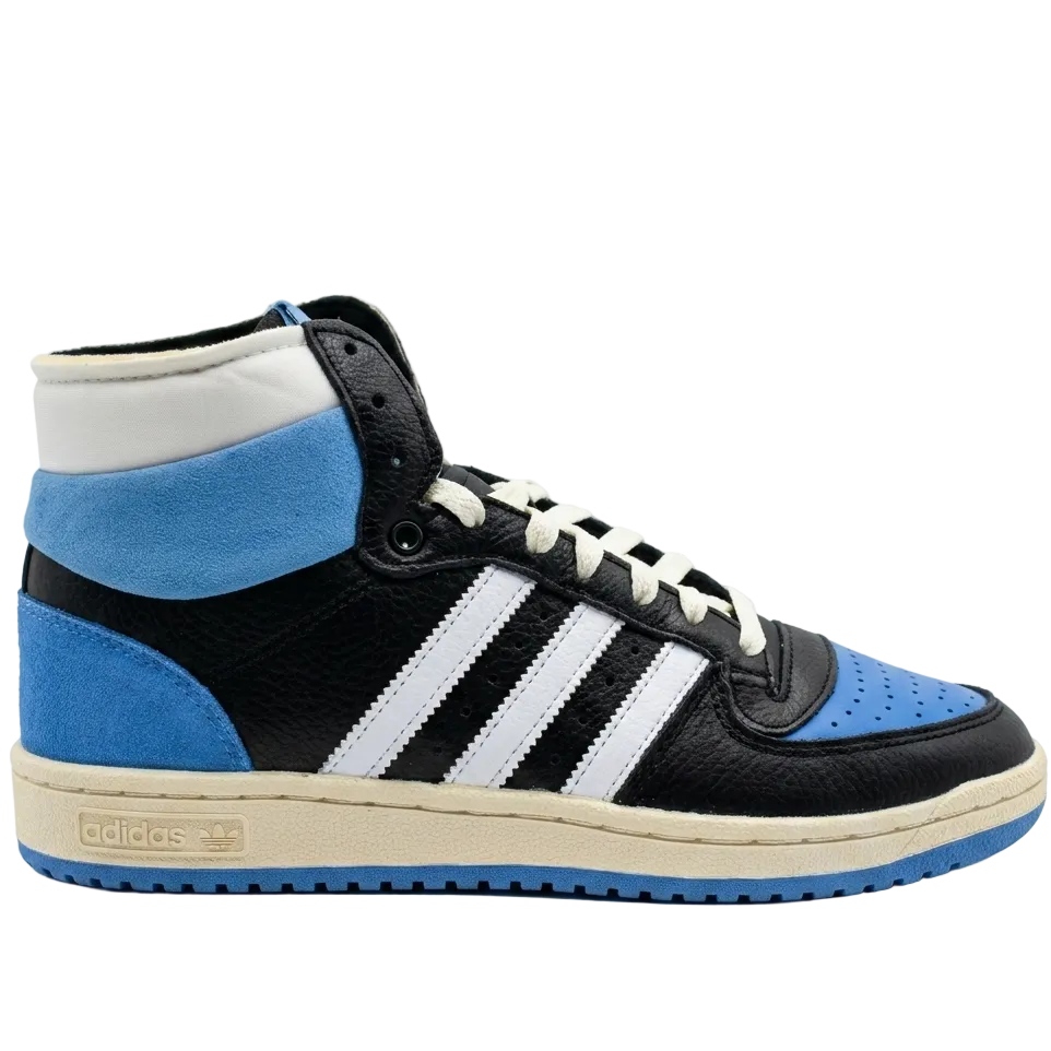 Three-quarter lateral view of adidas Top Ten RB high-top sneakers in Core Black, White, and Pulse Blue GV6630.